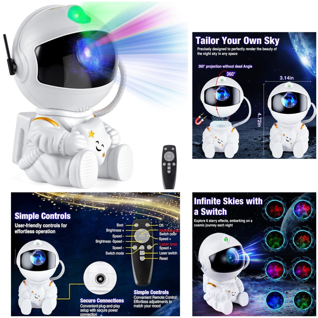 چراغ خواب فضانورد کهکشانی نشسته با ریموت | نور ملایم و طراحی خاص اتاق خواب